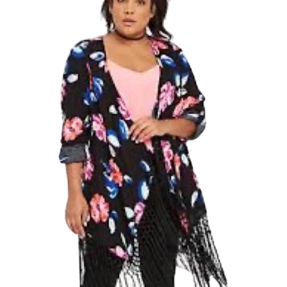 Torrid Open Floral Fringed Cardigan Roll Tab Sleeves - 2X